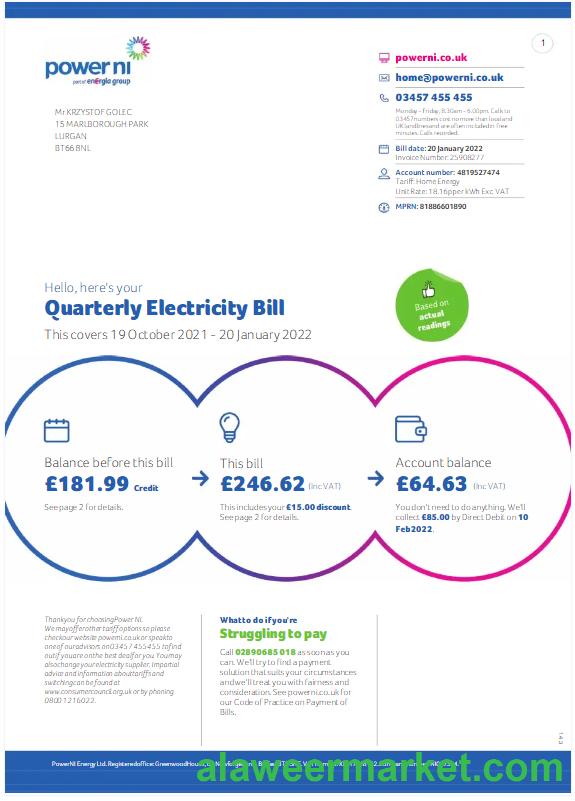 UNITED KINGDOM POWER NI utility bil Word and PDF template